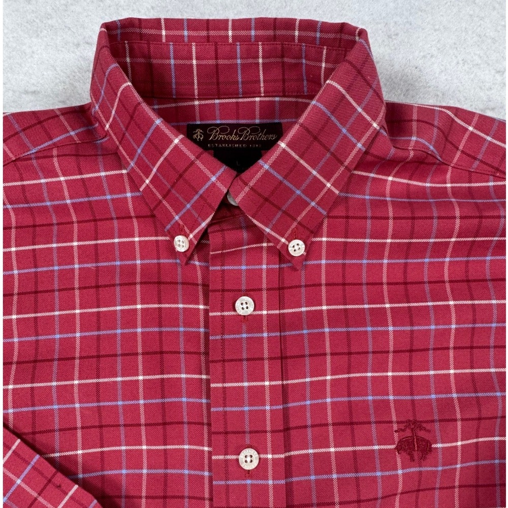 Brooks Brothers Mens Large Red Plaid Non-Iron Supima Cotton Button Down Shirt